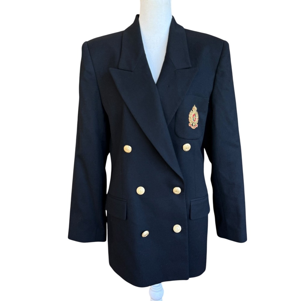 Charter Club Jane Justin Vintage Black Wool Double Breasted Crest Blazer 12 USA